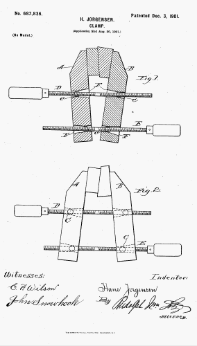 Drawing in Patent 687 836 to Hans Jorgensen, used by Adjustable Clamp Company